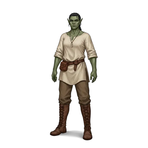 An orc starting hero in traveller's clothes