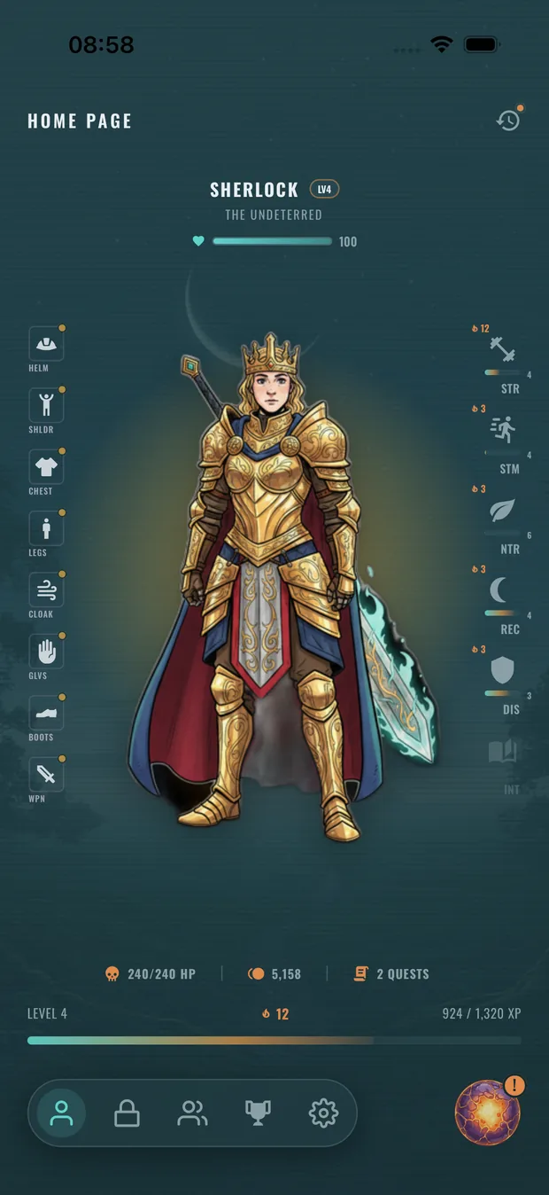 A character's Home screen in Rune